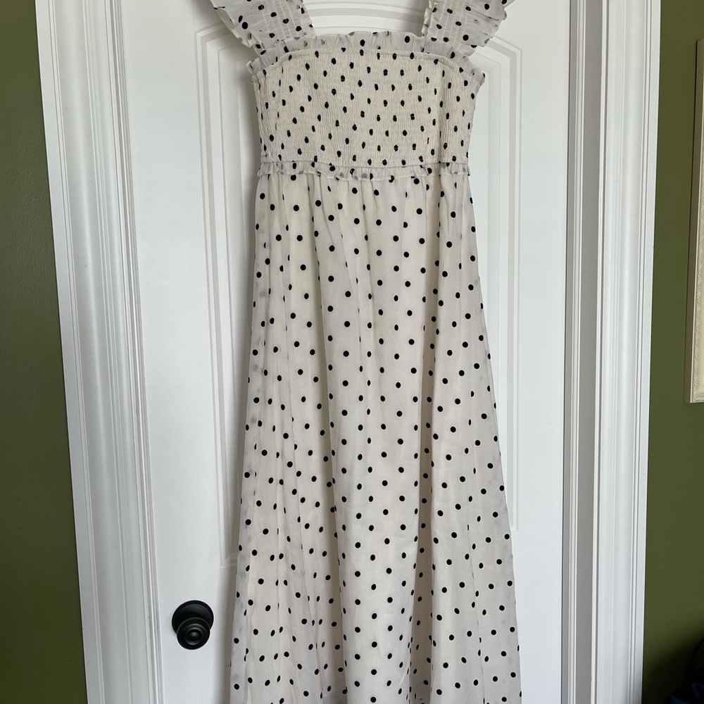 Black and White Smocked Maxi Dress with Flutter Cap Sleeves